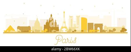 Paris Frankreich City Skyline Silhouette mit goldenen Gebäuden isoliert auf Weiß. Vektorgrafik. Stock Vektor