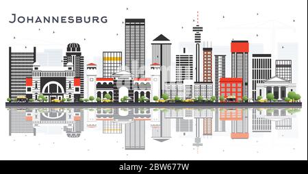 Johannesburg Südafrika City Skyline mit grauen Gebäuden und Reflexionen isoliert auf Weiß. Vektorgrafik. Stock Vektor