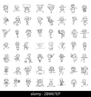 Satz von Hand Zeichnung Doodle glücklich Kinder Cartoon Charakter abstrakt Menschen übereinstimmen Stick Stil Vektor Illustration Kunst und Grafik Dekoration Stock Vektor