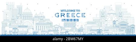 Outline Willkommen in der Skyline von Griechenland mit blauen Gebäuden. Vektorgrafik. Konzept mit historischer Architektur. Griechenland Stadtbild mit Wahrzeichen. Stock Vektor