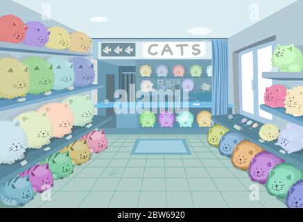 Katze Shop Raum Szene, seltsame humorvolle Vektor Cartoon Farbdarstellung, horizontal Stock Vektor