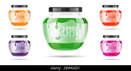 Realistische transparente Glas Glas mit Marmelade, Konfitüre oder Soße. Erhaltung der Verpackung. Label und Logo für Marmelade. Mock up Dose mit Design Label oder Stock Vektor