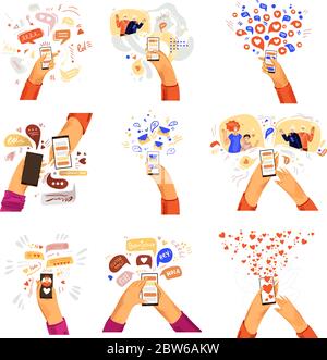 Vector flache Hände mit Telefon Illustrationen. Kommunikation online, Smartphone-Chat, Videoanruf mit Familie und Freunden, Online-Freundschaft in Messenger Stock Vektor