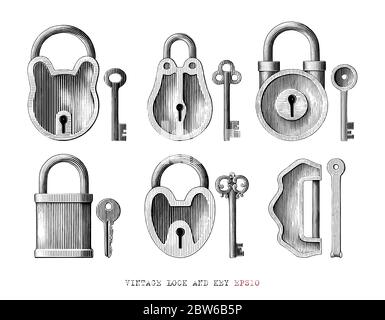 Vintage Schloss und Schlüssel Sammlung Hand zeichnen Gravur Stil schwarz und weiß Clipart auf weißem Hintergrund isoliert Stock Vektor