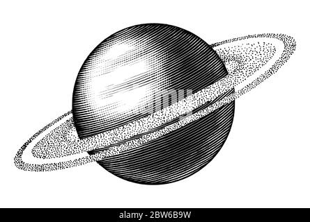 Saturn Hand Zeichnung Vintage Stil schwarz und weiß Clipart isoliert auf weißem Hintergrund. Der sechste Planet von der Sonne Stock Vektor