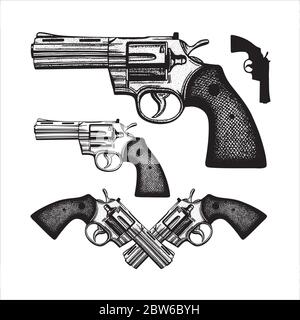 Revolver. Handgezeichnete Vintage Revolver Vektor Illustration. Gravur Stil alte Pistolen Set. Stock Vektor