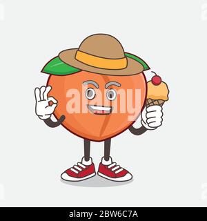 Eine Illustration von Peach Obst Cartoon Maskottchen Charakter hält Eis Stock Vektor