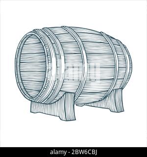 Holzfässer auf Stand Vintage-Stil, handgezeichnete Vektor-Illustrationen gesetzt. Gravur Stil Skizze Zeichnung Seitenansicht Fässer Sammlung. Stock Vektor