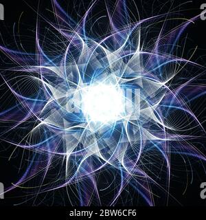Art-Deco-Spirale aus weißen, violetten und blauen mathematischen Linien Stockfoto