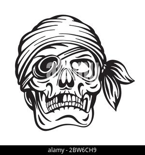Schädel. Pirate Schädel Hand gezeichnet Vektor Illustration. Totenkopf mit Augenfleck und Stirnband Skizze Zeichnung. Teil des Sets. Stock Vektor