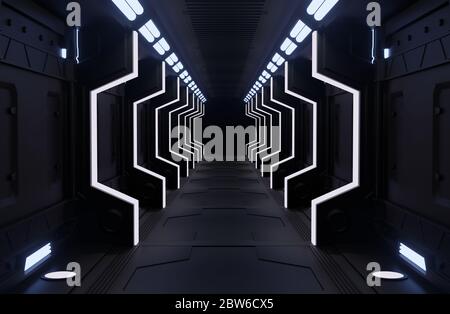 3D Rendering Elemente dieses Bildes eingerichtet, Raumschiff schwarzen Innenraum mit Blick, Tunnel, Flur, Licht kopieren Raum, niemand Stockfoto