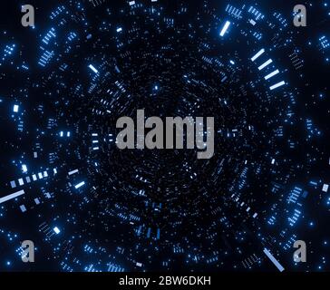 Futuristisches Tunnelraumschiff in 3D-Rendering im Universum Stockfoto