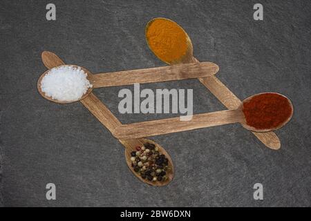 Vier Holzlöffel mit farbigem Pfeffer, gemahlener Kurkuma, Rosenpaprika und grobem Salz auf einem dunklen Schieferteller Stockfoto