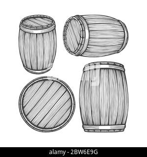 Fass. Eichenfass Hand gezeichnet Vektor Illustrationen Set. Skizze Holzfass Zeichnung. Teil des Sets. Stock Vektor