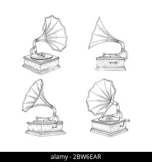 Vintage Grammophon handgezeichnete Illustrationen Set. Alte Grammophone in verschiedenen Ansichten isoliert auf weißem Hintergrund. Retro-Musikkonzept. Stock Vektor