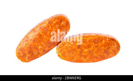 Zwei Pillen auf weißem Hintergrund isoliert. Nahrungsergänzungsmittel. Vitaminpräparate. Stockfoto