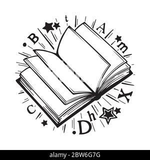 Illustration des Studien- und Wissenskonzepts. Handgezeichnete offene Buchzeichnung. Buch, Sterne, Buchstaben und Strahlen Skizze Zeichnung. Stock Vektor