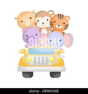 Niedliches Kamel, Nilpferd, Affe, Tiger und Elefant reisen im Auto. Grafikelement für Kinderbuch, Album, Postkarte oder mobiles Spiel. Zoo-Thema. Stock Vektor