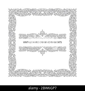 Vintage-Rahmen und Ornamente. Handgezeichnete alte Stil Ornamente Illustration. Gravur Stil florale Ornament Zeichnung. Teil des Sets. Stock Vektor