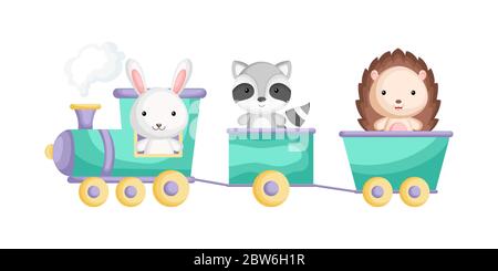Niedliche Waschbär, Kaninchen und Igel fahren im Zug. Grafikelement für Kinderbuch, Album, Scrapbook, Postkarte oder mobiles Spiel. Zoo-Thema. Stock Vektor