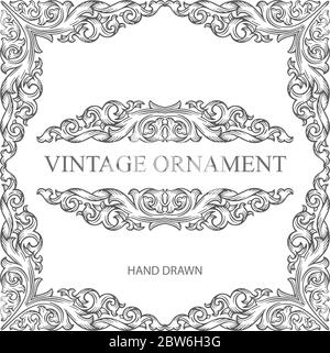 Vintage-Rahmen und Ornamente. Handgezeichnete alte Stil Ornamente Illustration. Gravur Stil florale Ornament Zeichnung. Teil des Sets. Stock Vektor