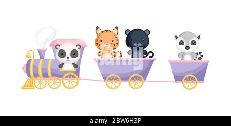 Mit dem Zug fahren süßer Panda, Luchs, Panther und Lemur. Grafikelement für Kinderbuch, Album, Scrapbook, Postkarte oder mobiles Spiel. Zoo-Thema. Stock Vektor