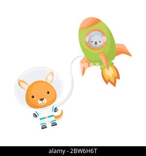 Niedliche Känguru snd Koala Astronauten fliegen in Rakete und Freiraum. Grafikelement für Kinderbuch, Album, Postkarte, Einladung. Stock Vektor