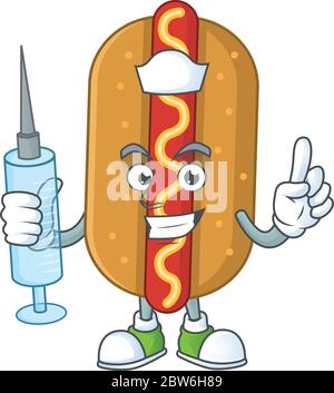 Eine bescheidene Krankenschwester Hotdog Cartoon Charakter halten Spritze Stock Vektor