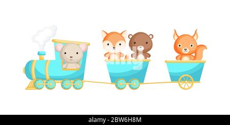 Niedliche Maus, Fuchs, Bär und Eichhörnchen Fahrt im Zug. Grafikelement für Kinderbuch, Album, Scrapbook, Postkarte oder mobiles Spiel. Zoo-Thema. Stock Vektor