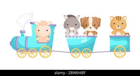 Süße Alpaka, Esel, Hund und Katze Fahrt im Zug. Grafikelement für Kinderbuch, Album, Scrapbook, Postkarte oder mobiles Spiel. Zoo-Thema. Stock Vektor