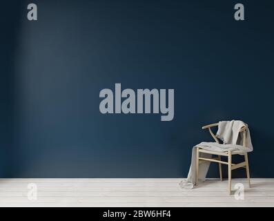 Interieur mit dunkelblau grünen Wand Holzstuhl und leere Wand für Kopierraum, 3d-Rendering Stockfoto