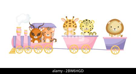 Niedliche Gazelle, Tiger, Giraffe, jaguar und Löwe fahren im Zug. Grafikelement für Kinderbuch, Album, Postkarte oder mobiles Spiel. Zoo-Thema. Stock Vektor