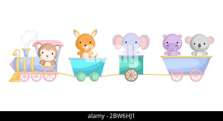 Niedliche Affen, Nilpferde, Elefanten, Känguru und Koala fahren im Zug. Grafikelement für Kinderbuch, Album, Postkarte oder mobiles Spiel. Zoo-Thema. Stock Vektor