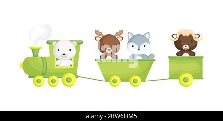Niedliche Eisbären, Elche, Wolf und Moschusochsen fahren im Zug. Grafikelement für Kinderbuch, Album, Scrapbook, Postkarte oder mobiles Spiel. Zoo-Thema. Stock Vektor