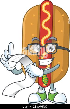 Cartoon Maskottchen Design von Hotdog hält eine Menüliste Stock Vektor