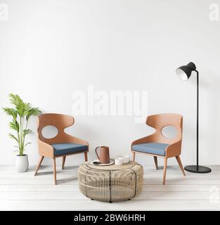 Innen mock up mit zwei Stühlen, Holzboden, im Wohnzimmer mit rohen Beton Wand Loft-Stil, japanischen minimalistischen Stil 3D-Rendering. Stockfoto