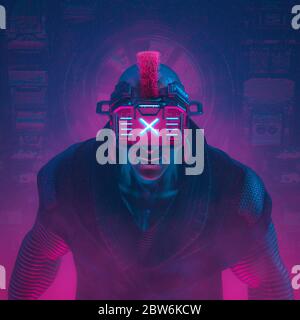 Cyberware Hacker Boss / 3D-Illustration von Science Fiction Cyberpunk Gangster Charakter trägt futuristische Brille Stockfoto