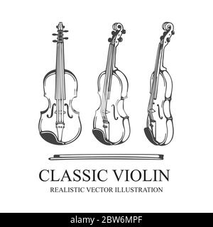 Geige. Klassische Violine und Bogen Hand gezeichnete Vektor-Illustrationen Set. Orchester Violine Skizze. Vintage Musikinstrument Zeichnung. Stock Vektor