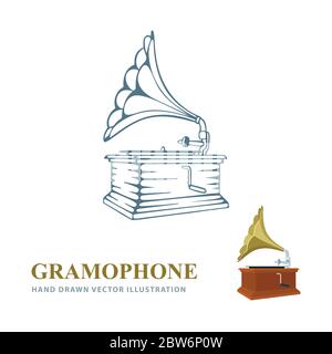 Gramophone. Gramophone handgezeichnete und realistische Vektorgrafiken. Alte Grammophon Seitenansicht Skizze Zeichnung. Retro-Musikkonzept. Teil des Sets. Stock Vektor