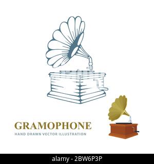 Gramophone. Gramophone handgezeichnete und realistische Vektorgrafiken. Alte Grammophon Seitenansicht Skizze Zeichnung. Retro-Musikkonzept. Teil des Sets. Stock Vektor