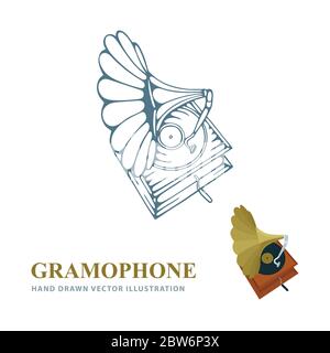 Gramophone. Gramophone handgezeichnete und realistische Vektorgrafiken. Alte Grammophon Draufsicht Skizze Zeichnung. Retro-Musikkonzept. Teil des Sets. Stock Vektor