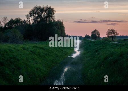 Reisen Sie durch das Hochmoor Jelnja, Weißrussland. Ein Graben gefüllt mit Wasser vor Sonnenuntergang. Stockfoto