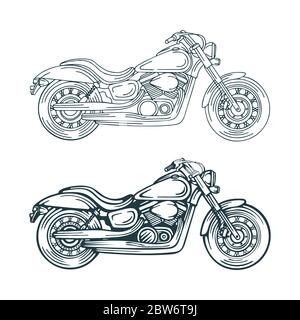 Motorrad handgezeichnete Vektor-Illustrationen Set. Motorrad isoliert auf einem weißen Hintergrund. Vintage Chopper Motorrad. Stock Vektor