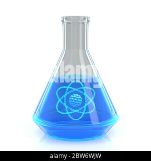 Erlenmeyerkolben gefüllt mit blauer Flüssigkeit und einem atomaren Symbol auf einem weiß glänzenden Hintergrund Stockfoto