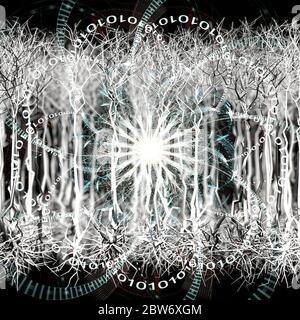 Wissenschaftliche Tapete von Reihen von neuronalen Zellen, künstliche Intelligenz Konzept, mit Spirale von virtuellen Computing Bits Stockfoto