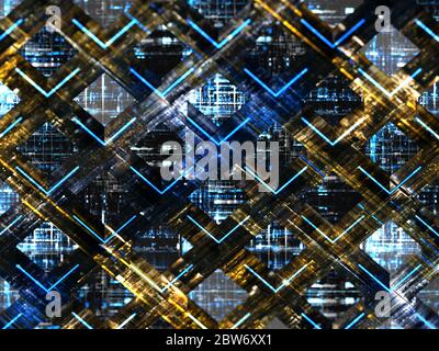 Tapete von futuristischen Metallwürfeln, reflektierende Netzwerk von Quantenalgorithmen, mit Tiefenschärfe Stockfoto