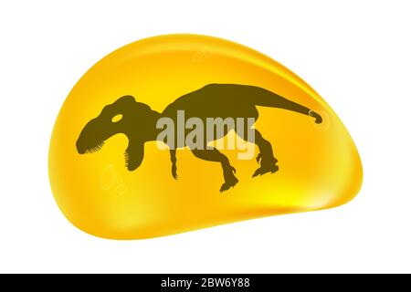 Dinosaurier in einem Tropfen Bernstein auf weißem Hintergrund isoliert. Versteinerte Baumharz.Ancient Bernstein Moder Inklusion.Stück Bernstein mit einem Dino innen.Vecto Stock Vektor