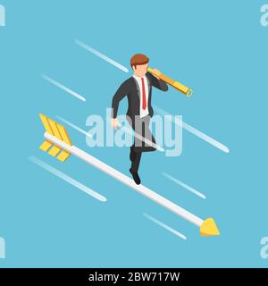Flache 3d isometrische Geschäftsmann mit Teleskop auf Pfeil stehen. Business Vision Konzept. Stock Vektor