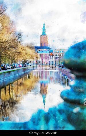 Die Kirche Saint James spiegelt sich auf dem Kanal ruhiges Wasser, das zum königlichen Stall in Den Haag verschachtelt ist Stockfoto