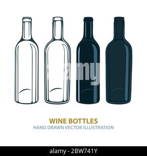 Weinflaschen. Handgezeichnete einfache Weinflaschen Set. Skizze Weinflaschen. Stock Vektor
